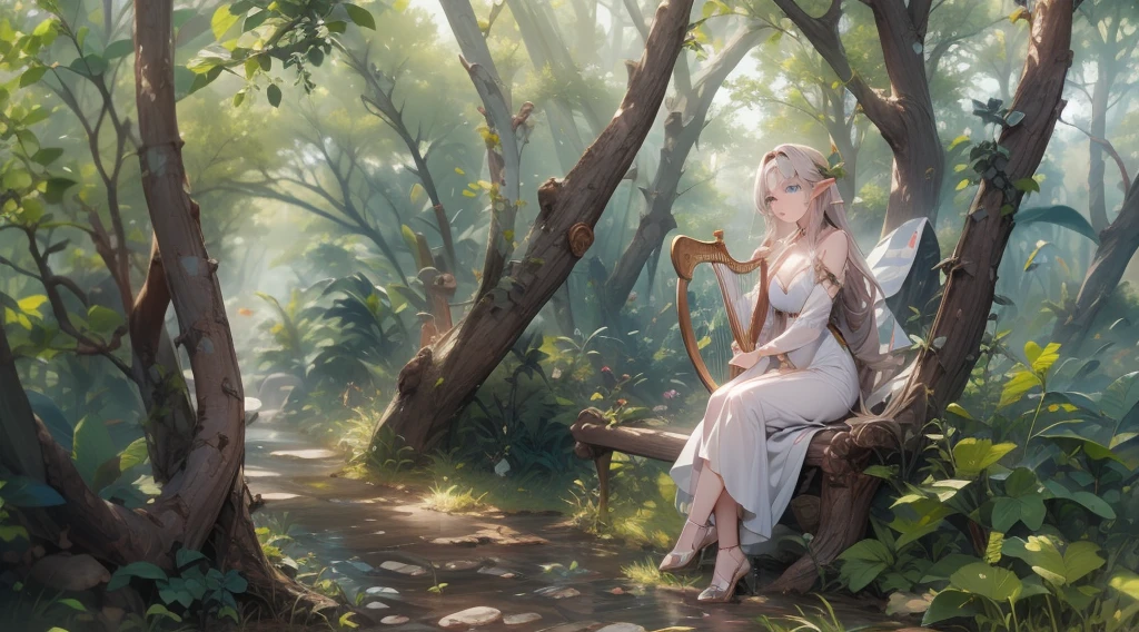 masterpiece, best quality, high quality, detailed, ultra detailed, hyper detailed, insanely detailed, exquisite, beautiful, FHD, Full-HD, 4K, 8K, 16K, highres, absurdres, forest, 1woman, Elf woman playing harp, meditating, intelligent, sitting, long hair, brown hair, silver hair, blue eyes, pale skin, fair skin, in the forest, with a tree, fantasy, beautiful, full body shot, lens flare, dust effect