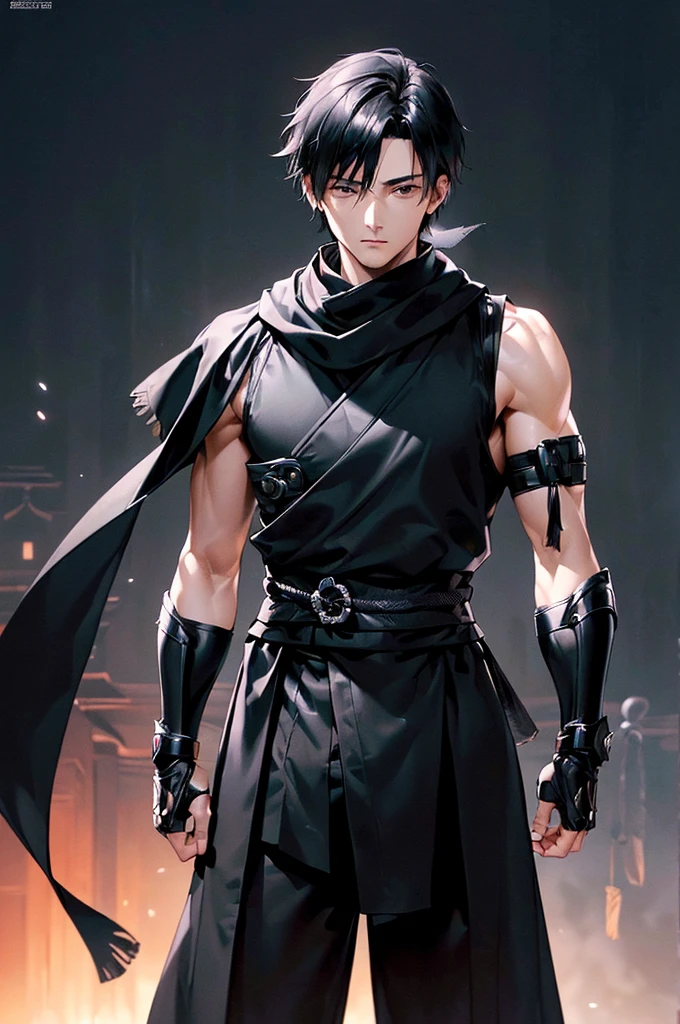 (((masterpiece; best quality: 1.2))), (finely detailed eyes: 1.3), ((1 young man)), ((solo)), (black eyes: 1.4), (body shape; lean, masculine: 1.3), (very short black hair: 1.3), (beautiful and clear background: 1.2), ((depth of field)), (equipment: black shinobi clothing + fully covered + black kimono + black pants + black scarf + black bracers + wolf mask: 1.3), (anime illustration: 1.2), (background composition; old japanese mansion + night: 1.1), (extremely fine and handsome: 1.1), (shot composition; standing + centered on torso + close-up: 1.5), (facial expression; calm, stoic: 1.2)