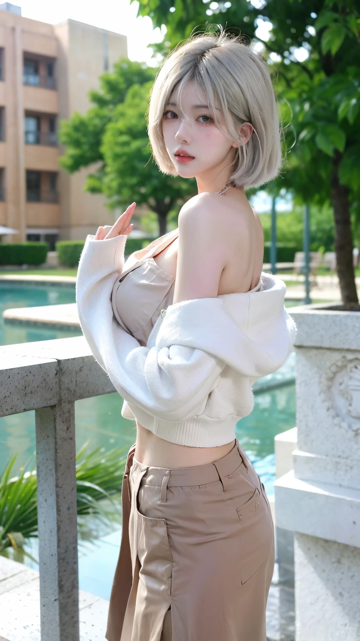 Beautiful woman with perfect figure:1.4，snow，Touching butt with both hands，snow背景，Layered Hairstyle，White skin，Prominent cleavage，Pleated Skirt，whole body，Very delicate face and skin texture，Double eyelids，Skin Whitening，Long white hair