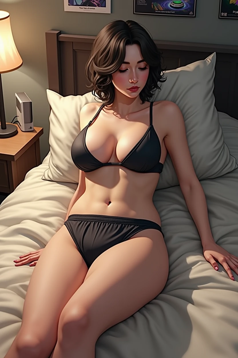 masterpiece, best quality, (extremely detailed CG unity 8k wallpaper), (best quality), (best illustration), (best shadow), absurdres, realistic lighting, (Abyss), beautiful detailed glow, art by PeterMohrBacher. Mateo, approximately 28 years old, with his slender yet slightly curvy body and short wavy hair, wearing a cute pajama set, is lying on his bed, looking at his phone. Small breasts visible under his top. He has a slightly masculine face and the room is filled with video game posters and gaming consoles, with the messy bed visible in the background. The scene is cozy and intimate, with dim lighting creating a relaxing atmosphere.