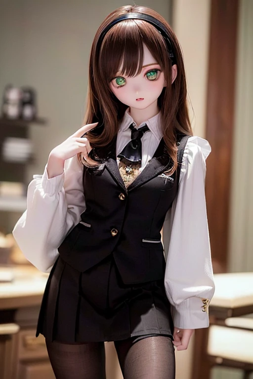 (SFW:2), photorealistic, realistic photo, 8k, ((highest quality)), ((masterpiece)), (extremely detailed), kukolnydom, doll, (mature woman, 21yo, 21 years old, solo:1.6), ((cowboy shot, contrapposto, slim, slender, skinny, medium breasts, hairband, ascot, vest, blouse, long puff sleeves, pleated skirt, black pantyhose)), (green eyes, brown hair, long hair, plastic skin, looking at another, glass eyes, gradient eyes, shining eyes, detailed eyes:1.3)