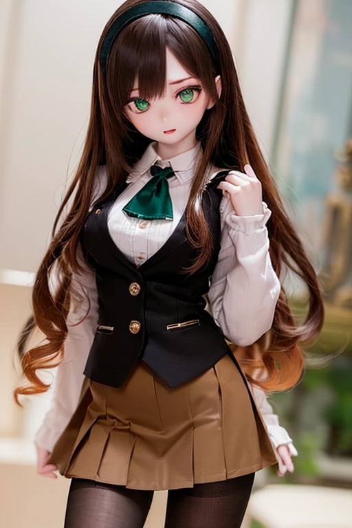 (SFW:2), photorealistic, realistic photo, 8k, ((highest quality)), ((masterpiece)), (extremely detailed), kukolnydom, doll, (mature woman, 21yo, 21 years old, solo:1.6), ((cowboy shot, contrapposto, slim, slender, skinny, medium breasts, hairband, ascot, vest, blouse, long puff sleeves, pleated skirt, black pantyhose)), (green eyes, brown hair, long hair, plastic skin, looking at another, glass eyes, gradient eyes, shining eyes, detailed eyes:1.3)