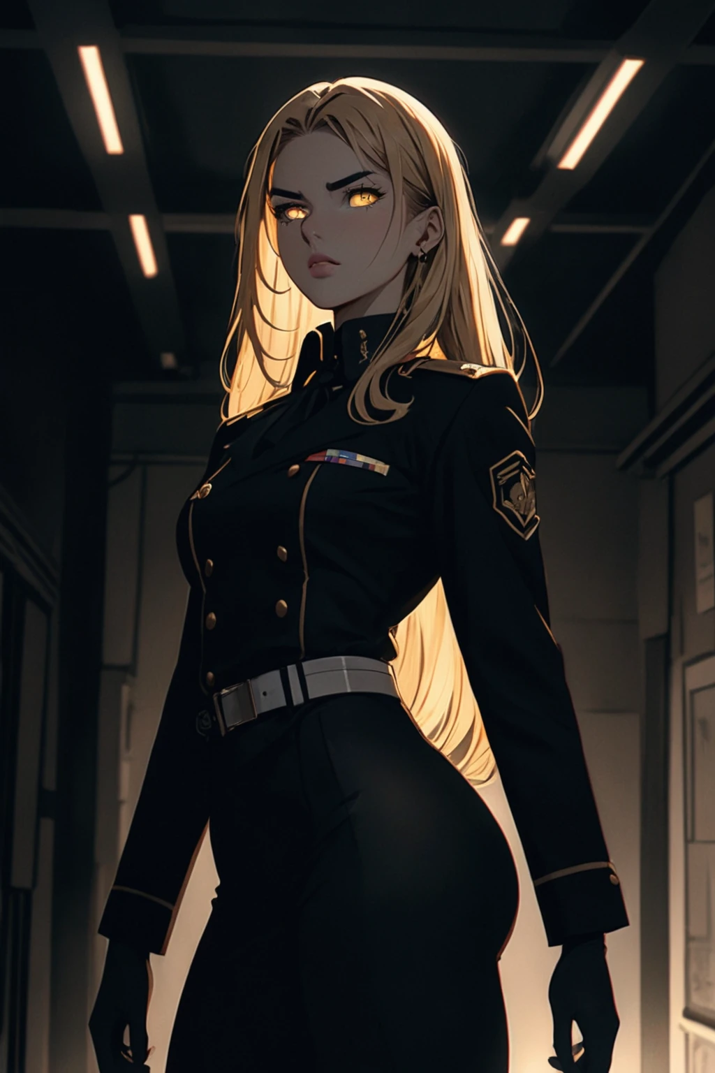 ((best quality)), ((artwork)) A darkened room, the only source of light is a faint glow from a single fluorescent tube above, casting an eerie ambiance. A , athletic figure stands tall in a black military uniform, her golden eyes piercing through the dimness. Her features are illuminated by the soft glow: oval-shaped face, thin eyebrows framing her sharp almond eyes, and full lips pressed into a stoic expression. Dark blonde hair falls to her neck, framing her fair skin. Her physique is toned, but , accentuating her ass. She exudes an aura of isolation, her apathetic demeanor seeming almost impenetrable. The black uniform appears ominous, contrasting with the dimly lit room, hinting at a dedicated individual driven by her mission.