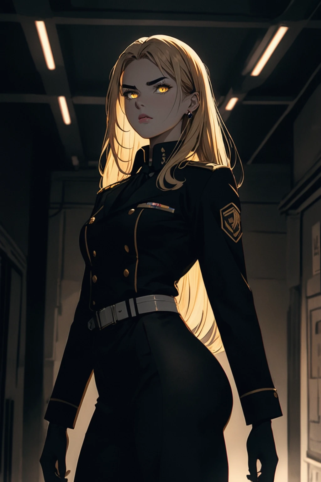 ((best quality)), ((artwork)) A darkened room, the only source of light is a faint glow from a single fluorescent tube above, casting an eerie ambiance. A , athletic figure stands tall in a black military uniform, her golden eyes piercing through the dimness. Her features are illuminated by the soft glow: oval-shaped face, thin eyebrows framing her sharp almond eyes, and full lips pressed into a stoic expression. Dark blonde hair falls to her neck, framing her fair skin. Her physique is toned, but , accentuating her ass. She exudes an aura of isolation, her apathetic demeanor seeming almost impenetrable. The black uniform appears ominous, contrasting with the dimly lit room, hinting at a dedicated individual driven by her mission.