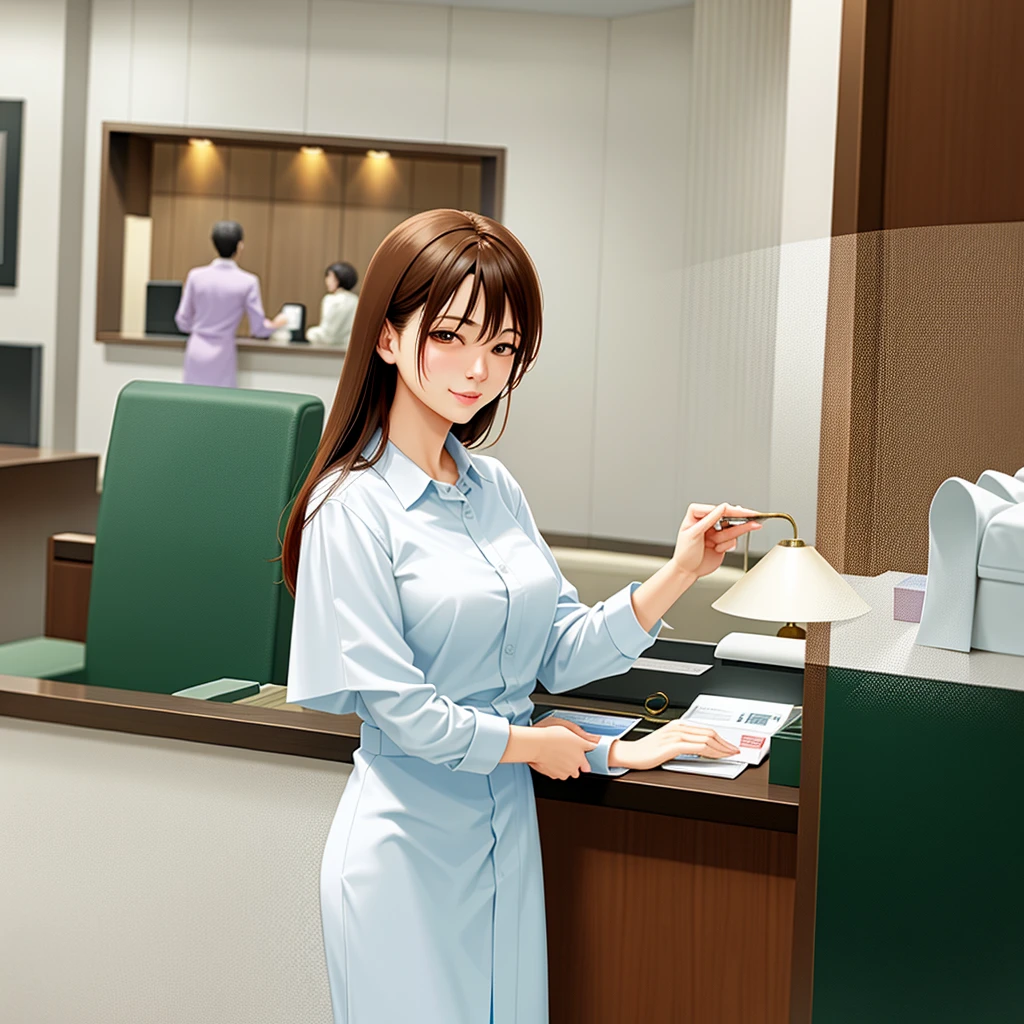 ((Hotel Front Desk))、Hotel staff women&#39;s clothing、((Ultra fine)),Highest quality,masterpiece,((1 girl)),(Standing posture)),solo,((whole body)),Looks elegant,(,((face)),Expressionless,cute,[[[[Wavy Hair]]]],挑発的な笑face,Shoes on your feet,White background、