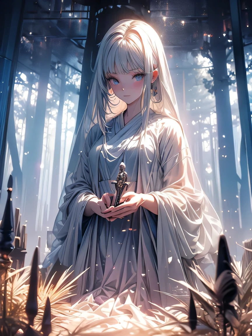 Beautiful girl in a transparent gray robe standing in a dark forest, Magnificent style, Octane Rendering, Desert Composition, Beautiful Face, Detailed face, Surreal, Oil on canvas, Awards, artwork, Art Station Trends, Studio Ghibli, Close-up of a girl