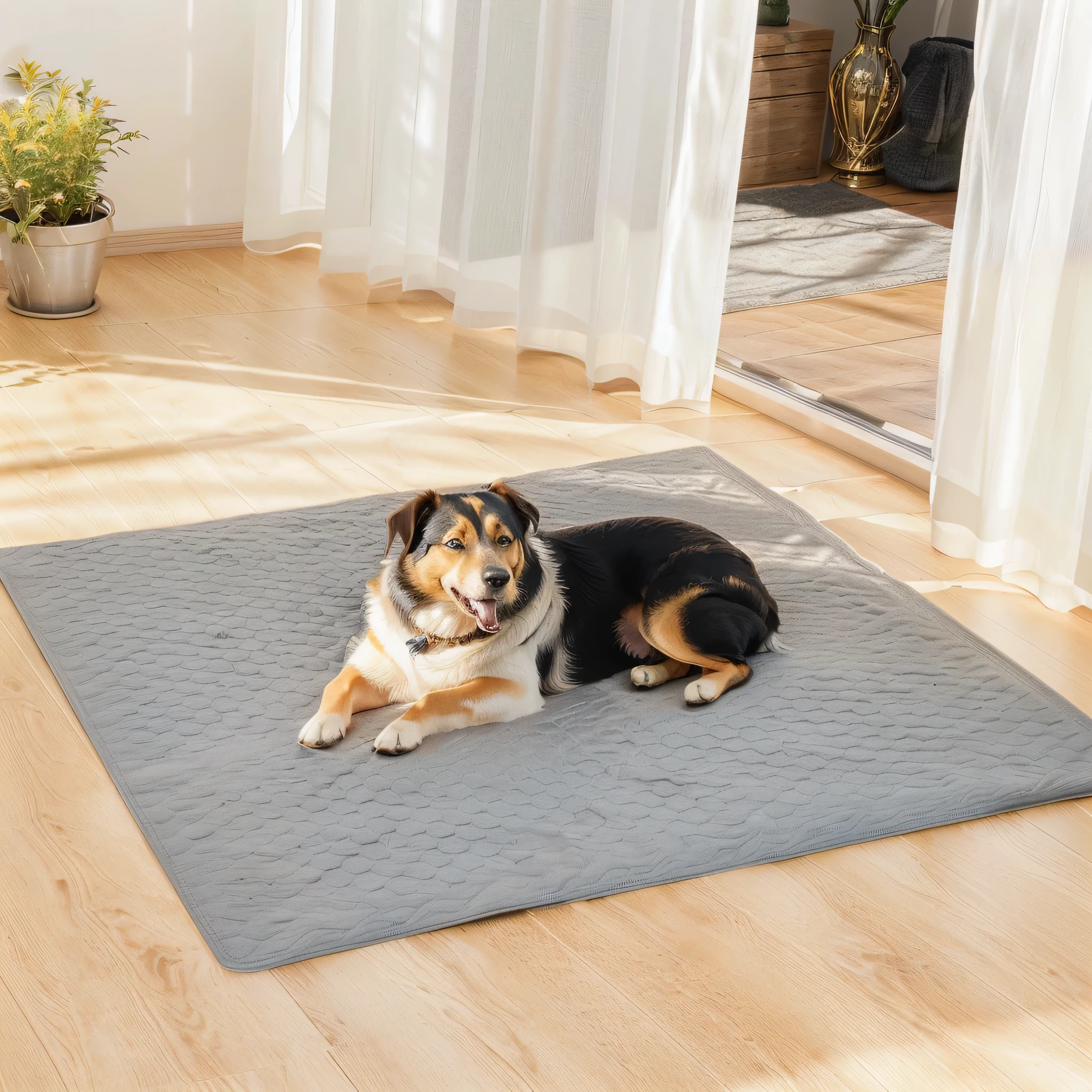 There is a dog lying on a gray pee mat in the room, pet, Looks smart, A big one, Sepia tones, pet,Practical, product photo, The sun shines in,Dramatic Mood, Sunshine, decorate, High target, official product photo,Ultra-realistic scene map,product picture,High-end,nature