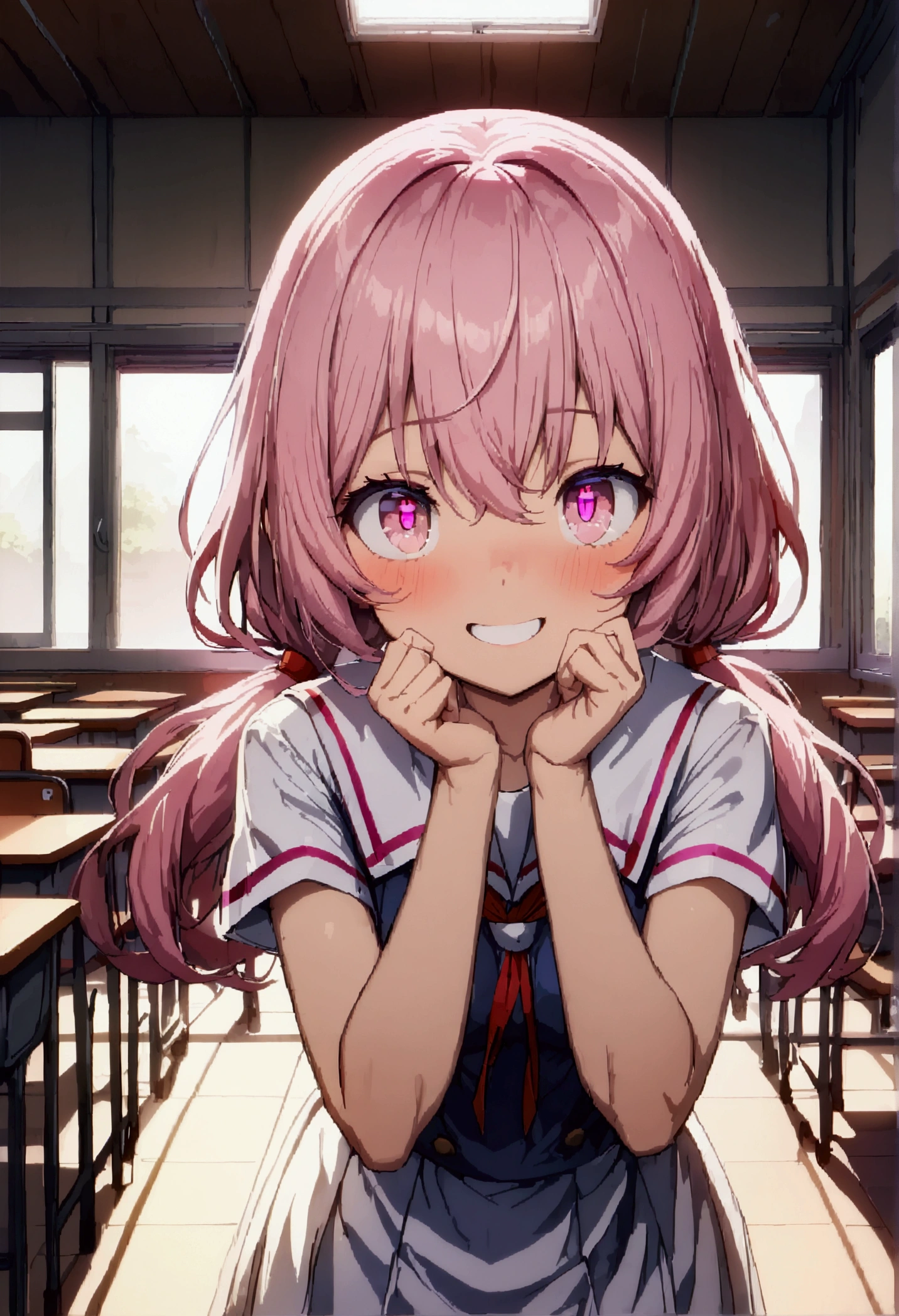 highest quality,masterpiece,Gal,School,classroom,Friendly,Show me your panties,yunogasai, yuno gasai, long hair, (pink eyes:1.5), pink hair, smile, grin, low twintails,
BREAK school uniform,
BREAK indoors, classroom,
BREAK looking at viewer, BREAK (masterpiece:1.2), best quality, high resolution, unity 8k wallpaper, (illustration:0.8), (beautiful detailed eyes:1.6), extremely detailed face, perfect lighting, extremely detailed CG, (perfect hands, perfect anatomy),