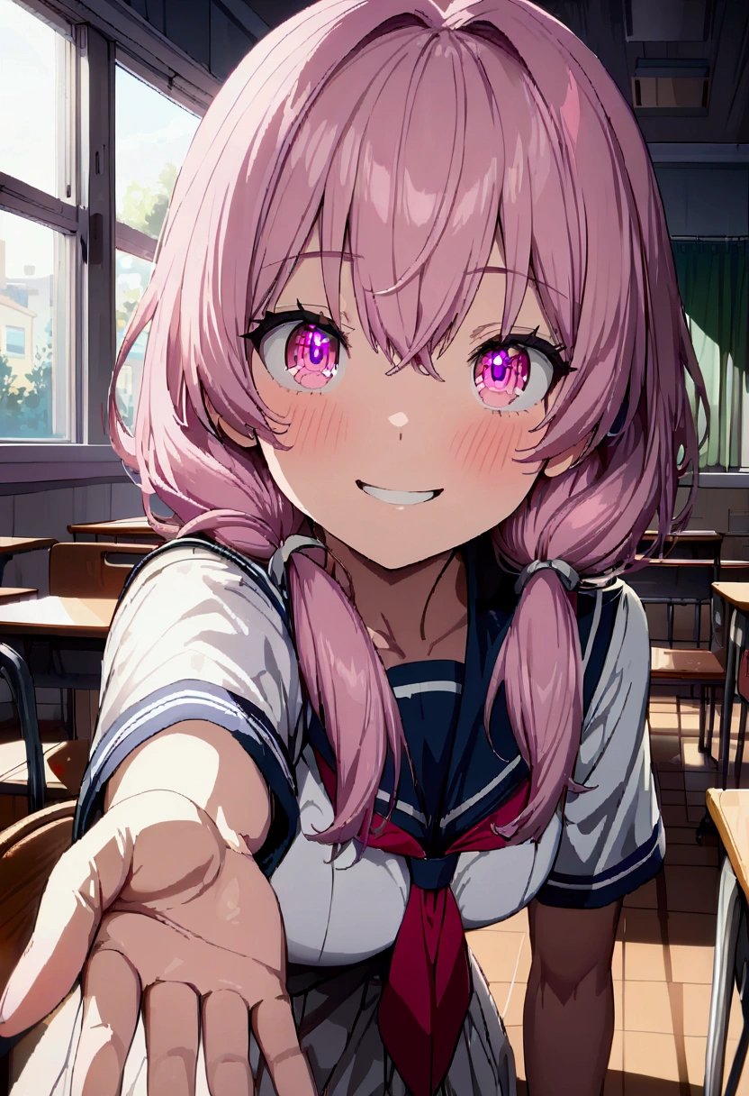 highest quality,masterpiece,Gal,School,classroom,Friendly,Show me your panties,yunogasai, yuno gasai, long hair, (pink eyes:1.5), pink hair, smile, grin, low twintails,
BREAK school uniform,
BREAK indoors, classroom,
BREAK looking at viewer, BREAK (masterpiece:1.2), best quality, high resolution, unity 8k wallpaper, (illustration:0.8), (beautiful detailed eyes:1.6), extremely detailed face, perfect lighting, extremely detailed CG, (perfect hands, perfect anatomy),
