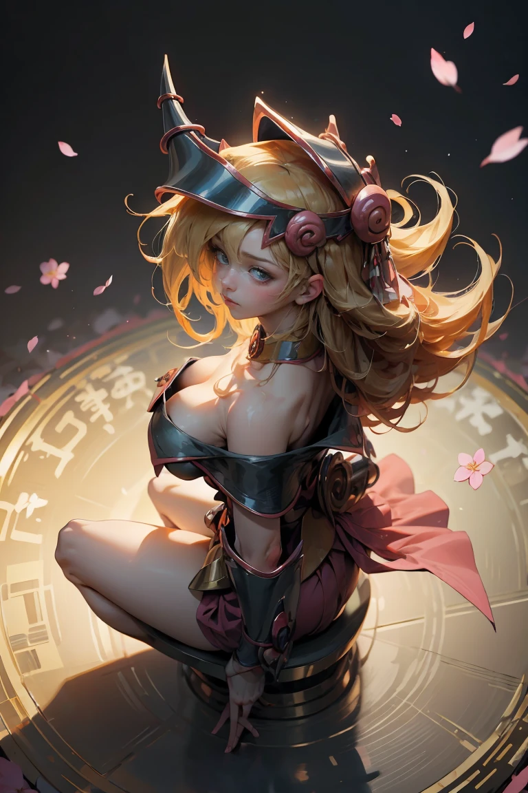 (masterpiece:1.2), (The best quality:1.2), perfect lighting, dark magician gils girl, Long blonde hair. in his twenties, arching her back in a sexy and seductive pose, accentuated super huge enormously big , neckline, beautiful open kimono, oni horns and hair ornaments, from above, cherry blossoms waving in the wind, very long red hair, sitting opening legs. Shinto shrine background, neckline profundo mostrando 