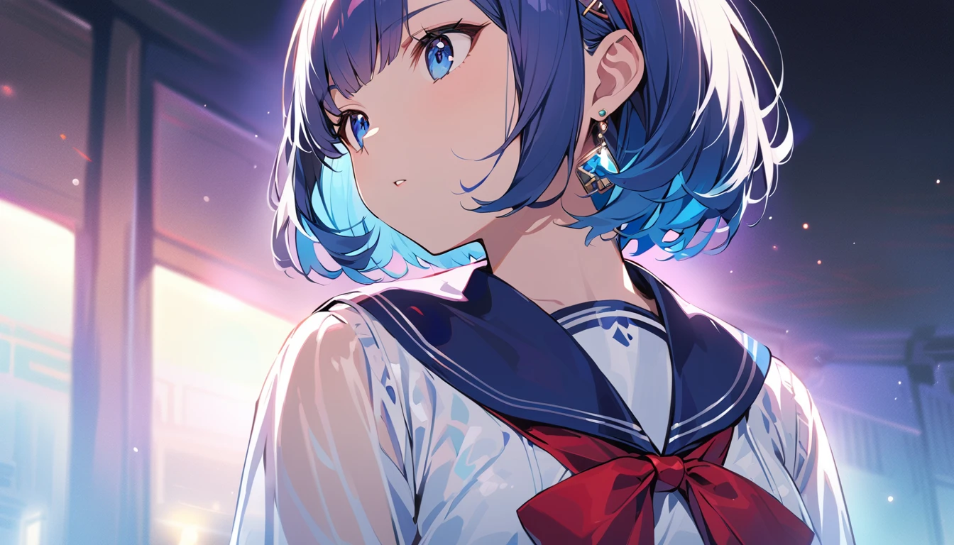 masterpiece, Highest quality, (((Using an abacus))), (((Serious expression))), cheekbone, Raising awareness, Sax Blue, platinum Earrings, Platinum Necklace, White Dress, One Girl, cute, (Dynamic Lighting: 1.2), Cinema Lighting, subtle (Very detailed, flowering, The Shining:1.4), Lots of little gems, (((short_hair))), Toru Asakura, black hair s, Earrings, gradation hair, multi color hair, 分けた前hair, blue hair, Upper Body, Close-up view, She is wearing a see-through sailor top. The top is white、Navy blue sailor collar with red ribbon accents.... The top is transparent up to the chest. The top has a see-through design. Bottoms are a very short navy blue pleated skirt