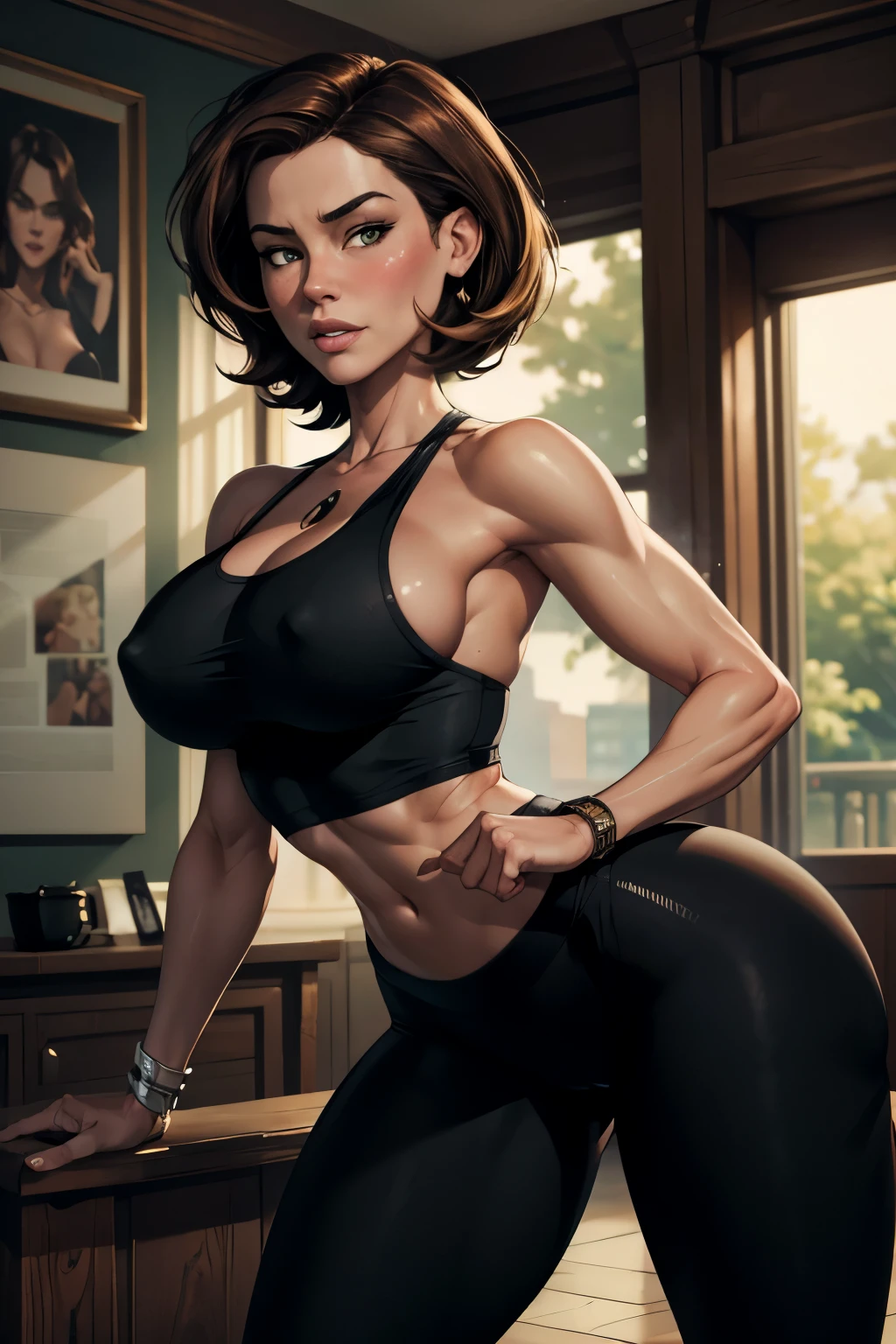 masterpiece, best quality, 4k, detailed, intricate, realistic), married hot landlady notices the outline of my huge penis through my shorts and tells me to whip it out so she can admire it, black yoga pants, white vest, blushing, indoors, helenparr, detailed face, detailed body, Intricate, High Detail, Sharp focus, studio lighting, detailed, detailed face, naked, sexy, Helen Parr, normal body, fair skin, green eyes, naughty, lusting, Kate Beckinsale