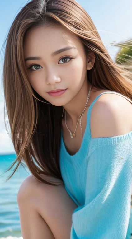 The background is a beach with palm trees and ocean views.。One Girl,Full body portrait、long, The face is small and beautiful, Sexy features、Wide forehead、Sharp contours and beautiful features。Bright smile。Thin eyebrows、 Big eyes、Eye color is brown。The upward-facing corners of the eyes are impressive..。Blonde layered long hair。Eyebrows are naturally raised、that&#39;thin。 The nose is high and straight、Clean shape。 Sexy mouth、Fuller lips。When you laugh、Characterized by upturned corners of the mouth。Highest quality, masterpiece, Ultra-high resolution, (Realistic:1.5), RAW Photos,Off the shoulder,, Modest chest, Sexy look(masterpiece)、(Highest quality)、(Very detailed)、(Ultra-realistic)、Cinematic Light、Realistic、Very beautiful young woman、(Beautiful face and lips)、light makeup ,Sandals on your feet、Beautiful legs,Close eyes、
