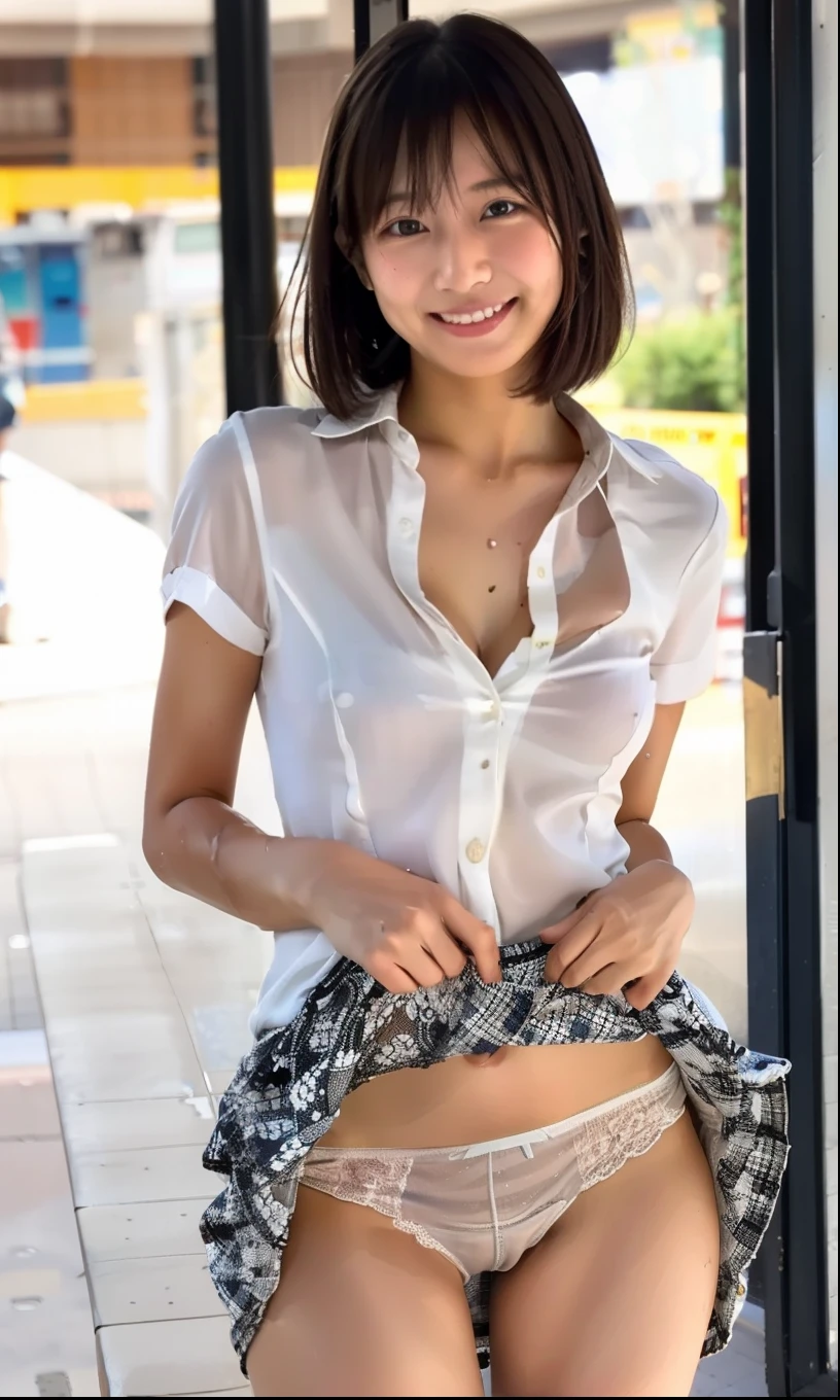 The skin is wet from sweat,leaning forward,Cleavage,Station platform,Wearing a shirt,smile、skirtリフト、skirtを手で上げる,woman, 20-year-old, Black short hair、bangs、(skirt),(Lace panties)、Cute earrings