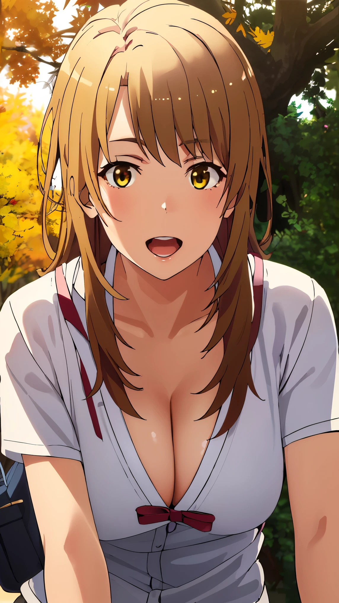 irohaisshiki, iroha isshiki, long hair, brown hair, (brown eyes:1.5),
BREAK (dressed appropriately for school, wearing a or casual attire, depending on the context. See huge cleavage and lingerie:1.2),
BREAK doggystyle, all fours, sex from behind, facing viewer, tongue out, open mouth , smile ,rolling eyes,
BREAK detailed background, detailed face, (frontier western theme:1.1), autumn forest background, fallen leaves,
BREAK ((top quality, 8k, masterpiece: 1.3, ultra hd, high quality, best quality, high definition, realism)), sharp focus: 1.5, Beautiful woman with Slim body, (perfect hands, perfect anatomy),