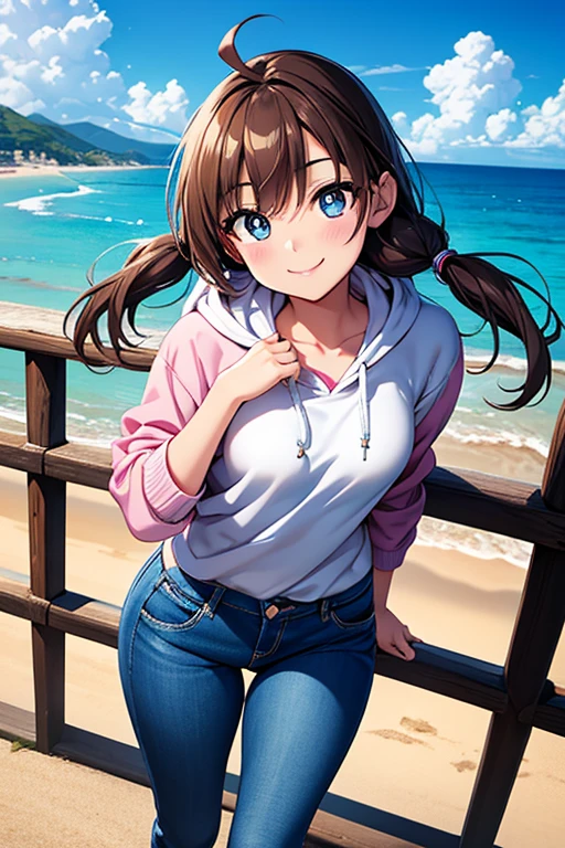 Megumi Amano、Shiny brown hair, Twin tails, Beautiful Blue Eyes、Small waist、Small breasts、Modest chest、smile、Sparkling eyes, (fine grain)、Very fine eye、非常にDetailed顔, 非常にDetailed目, Cowboy Shot、



非常にDetailed, High resolution,  Anime Moe Art Style, Best Anime, Perfect Anatomy, 超High resolution, Detailed, Dynamic Perspective Pose, Dynamic Pose Perspective, 3 / 4 Pose, Line art, Draw a gesture, Hands behind the back pose!, Anime Pose, outline, One girl, Ocean, handrail, wearing jeans, jeans, Denim pants, smile, (wave hands:0.9), Standing under the bridge, Beach Background, Sky Background, Wooden bridge, Wearing a hoodie, Parker Girl,