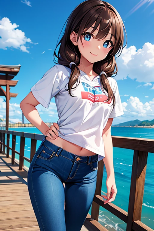 Megumi Amano、Shiny brown hair, Twin tails, Beautiful Blue Eyes、Small waist、Small breasts、Modest chest、smile、Sparkling eyes, (fine grain)、Very fine eye、非常にDetailed顔, 非常にDetailed目, Cowboy Shot、



非常にDetailed, High resolution,  Anime Moe Art Style, Best Anime, Perfect Anatomy, 超High resolution, Detailed, Dynamic Perspective Pose, Dynamic Pose Perspective, 3 / 4 Pose, Line art, Draw a gesture, Hands behind the back pose!, Anime Pose, outline, One girl, Ocean, handrail, wearing jeans, jeans, Denim pants, smile, (wave hands:0.9), Standing under the bridge, Beach Background, Sky Background, Wooden bridge, Wearing a hoodie, Parker Girl,