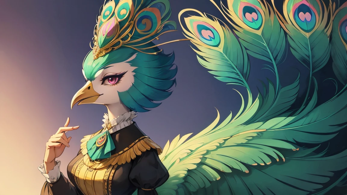 Anthropomorphic female peacock, furry art style, Stately clothing from the late Victorian era, arrogant and confident expression, squinted eyes, Soft pink eyes, Blue and green with touches of gold feathers., very feathery, It has a short beak and short neck..
