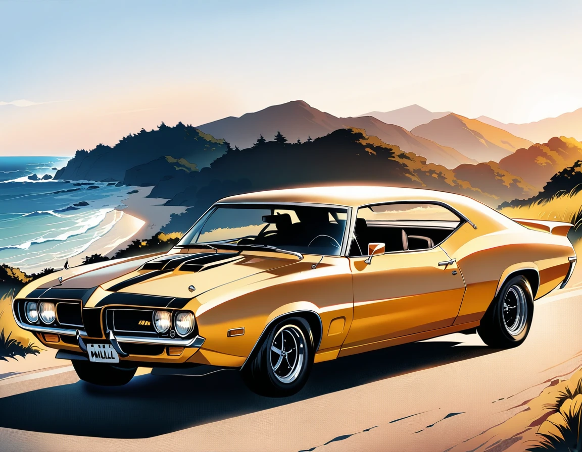 Jim Rockford, a ruggedly handsome James Garner, stands in the foreground of a golden-hued Malibu Beach sunset. His gold Pontiac Firebird gleams in the background, parked next to his iconic trailer home-office. A shallow depth of field captures Rockford's piercing gaze as he looks out at the Pacific Ocean, his expression a perfect blend of determination and world-weariness. The camera frames him in a cinematic wideshot, emphasizing his rugged individualism and no-nonsense attitude. The composition is bold, with Rockford centered and the landscape stretching out behind him. A hint of misty sea air adds to the atmosphere, as if the very ocean itself holds secrets waiting to be uncovered., masterpiece, Incredibly absurd resolution, absolute resolution, super high resolution, shallow depth of field, highly detailed, high budget, raw photography, CinemaScope, epic, gorgeous, 16k
