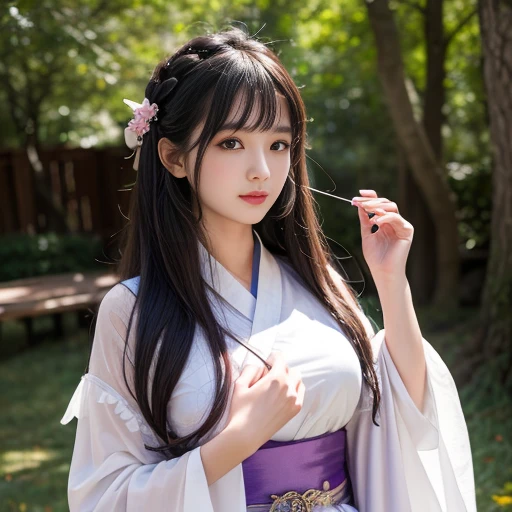 best quality, Delicate face,beautiful visual work, lifelike, eternity, black hair, Long curly hair, blunt bangs, Smile, Detailed Background, Delicate face,blush,cold,((masterpiece))、(top quality)、8k、high detail、Super detailed,21 years old female,身穿唐制Hanfu、waist skirt, Clothes are light and fluffy,Hanfu, wide sleeves, Transparent sleeves, Tunic, Clothes made of chiffon, Seductive and whimsical style、masterpiece、born、Scenes resembling fairy tale illustrations、intricate details和複雜的設計、Beautifully、magic、capricious、 Beautifully、Dream aesthetics、「𝓡𝓸𝓶𝓪𝓷𝓽𝓲𝓬、ethereal、charming、fickle、magic」、realism、Visual effects、FXAA、SSAO、Shader、voiceless、ambient lighting、Tone mapping、High resolution、Ultra high quality、Million pixels、(8K resolution:1.10)、8k、8k以下、8K resolution、high detail、intricate details, (high quality:1.2、masterpiece:1.2、:1.21)、(21 years old female:1.21)、(興奮地Smile)、(被dream般的氛圍所包圍、Model diagram,full-body shot,Normal 2 feet,Put your hands behind you,The protrusion of the breast is visible when wearing clothes, Large Breasts, H cup chest, antiquity, Xian Xia, gauze clothes, Soft and fluttering, Fairy, dream, fantasy, light, Elegant, nature, Immortal, romantic, classical, ribbon, light purple clothes, In the woods, martial arts drama scene, There are many straight tree trunks next to it