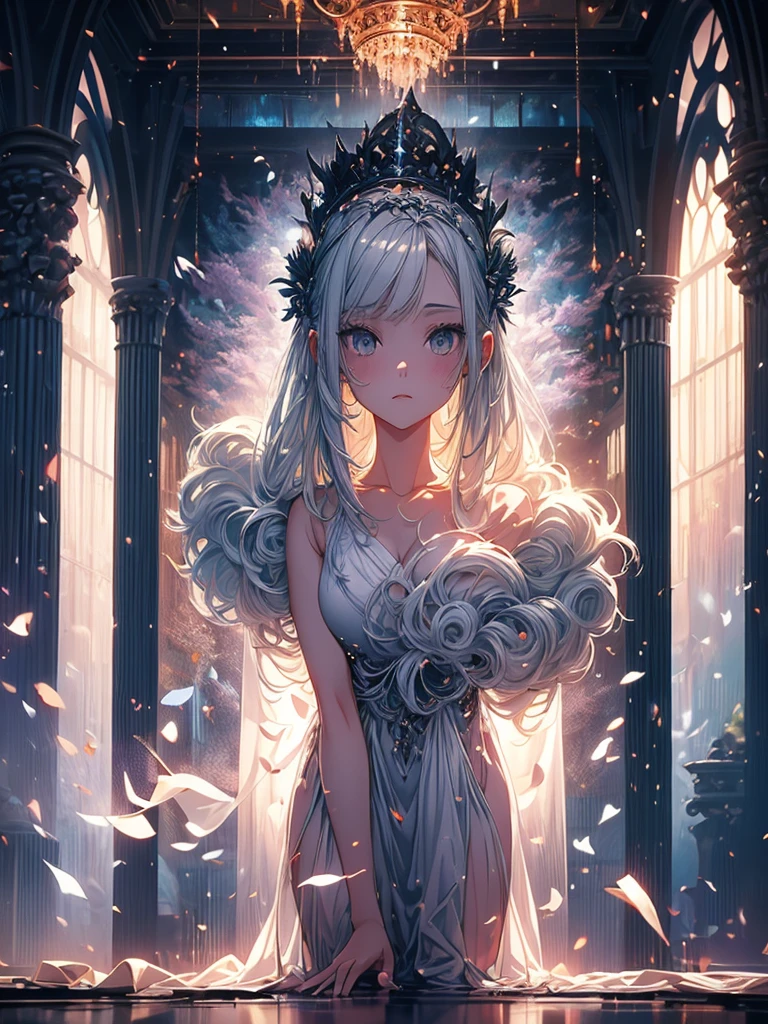 Beautiful girl in a transparent gray robe standing in a dark forest, Magnificent style, Octane Rendering, Desert Composition, Beautiful Face, Detailed face, Surreal, Oil on canvas, Awards, artwork, Art Station Trends, Studio Ghibli, Close-up of a girl