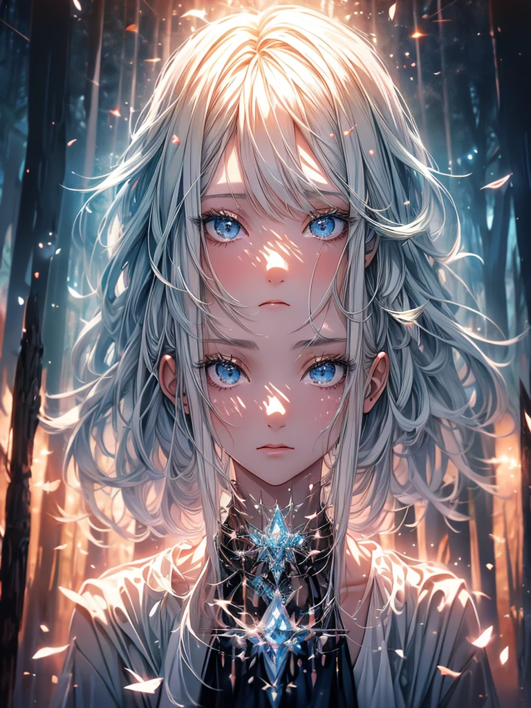 Beautiful girl in a transparent gray robe standing in a dark forest, Magnificent style, Octane Rendering, Desert Composition, Beautiful Face, Detailed face, Surreal, Oil on canvas, Awards, artwork, Art Station Trends, Studio Ghibli, Close-up of a girl