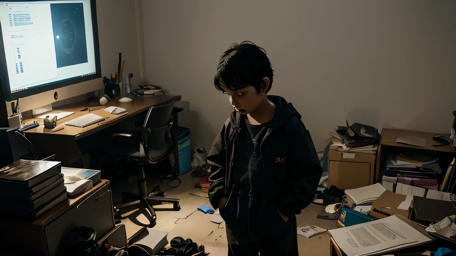 "A  with short black hair stands in a dimly lit room, illuminated only by the glow of a large computer screen. The room is filled with scattered papers, books, and a slightly messy desk."