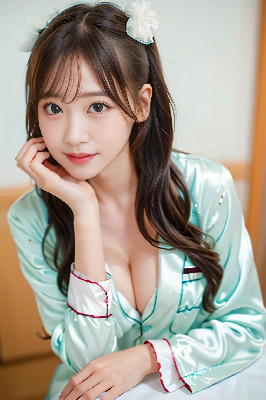 (masterpiece,best quality:1.4),(8k,raw photo,photo realistic:1.2),(shiny skin),detailed skin,detailed face,detailed eyes,Sparkling eyes:1.3,Symmetrical eyes,Detailed Background,detailed hand,1girl,natural make-up,((cute )),(cute Fancy room), natural breasts,young trendy hair, ((Teenrage breast)),(((Wacoal brand silk pyjamas,))),cleavage, (very beautiful cute), (beautiful asian),, girl cute-fine-face,,Cute smile, (super detailed Wacoal brand design,trend),,upper body,nsfw,sexy Instagram style,,face of the Golden Ratio