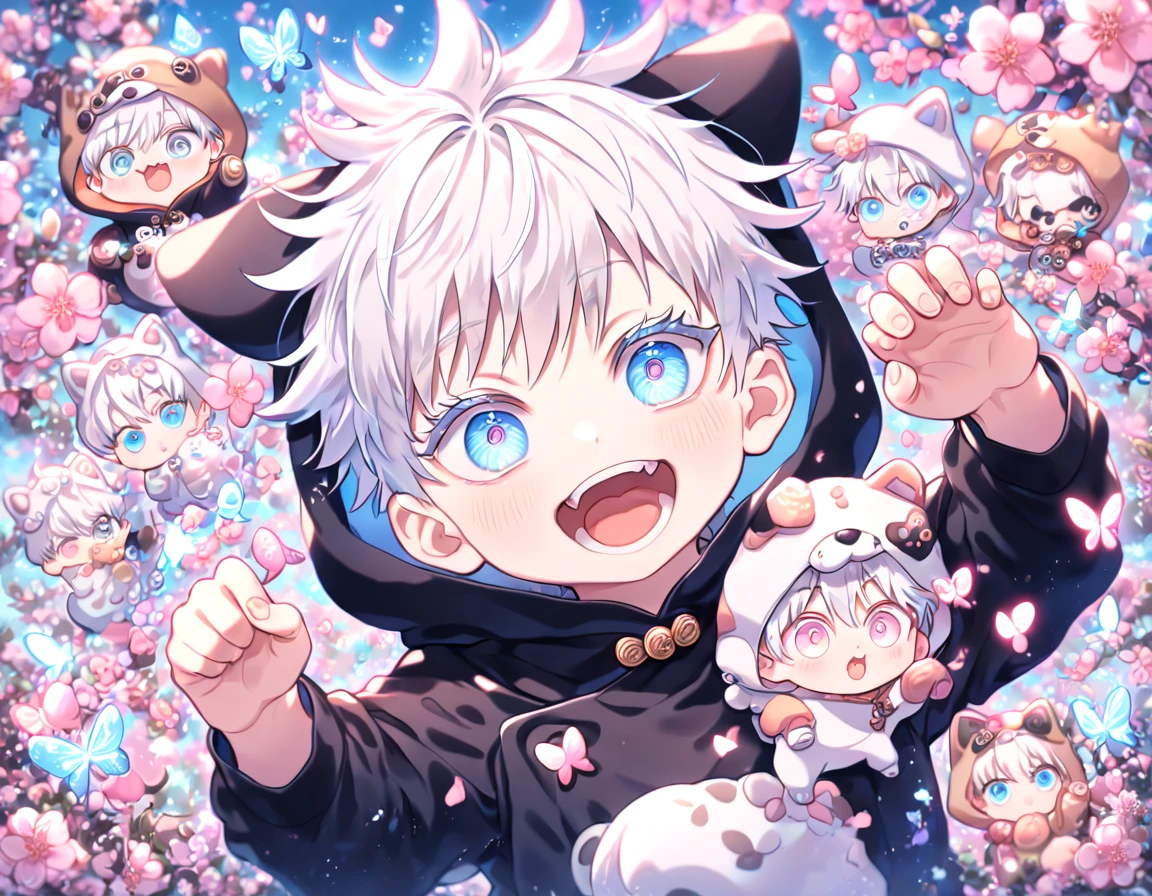absurdres, highres, ultra detailed, HDR, master piece, best quality, extremely detailed face, delicated features, Gojou Satoru as , white hair, expressive blue eyes, white eyelashes, Jujutsu Kaisen, solo, boy, cute, dog costume, paw pose, blossoms, pink flowers, pink butterflies, fantasy, magic, radiant