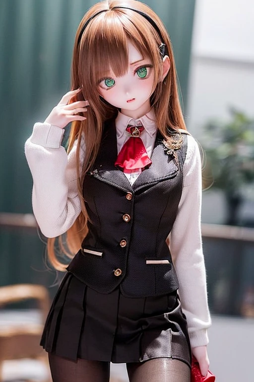 (SFW:2), photorealistic, realistic photo, 8k, ((highest quality)), ((masterpiece)), (extremely detailed), kukolnydom, doll, (mature woman, 21yo, 21 years old, solo:1.6), ((cowboy shot, contrapposto, slim, slender, skinny, medium breasts, hairband, ascot, vest, blouse, long puff sleeves, pleated skirt, black pantyhose)), (green eyes, brown hair, long hair, plastic skin, looking at another, glass eyes, gradient eyes, shining eyes, detailed eyes:1.3)