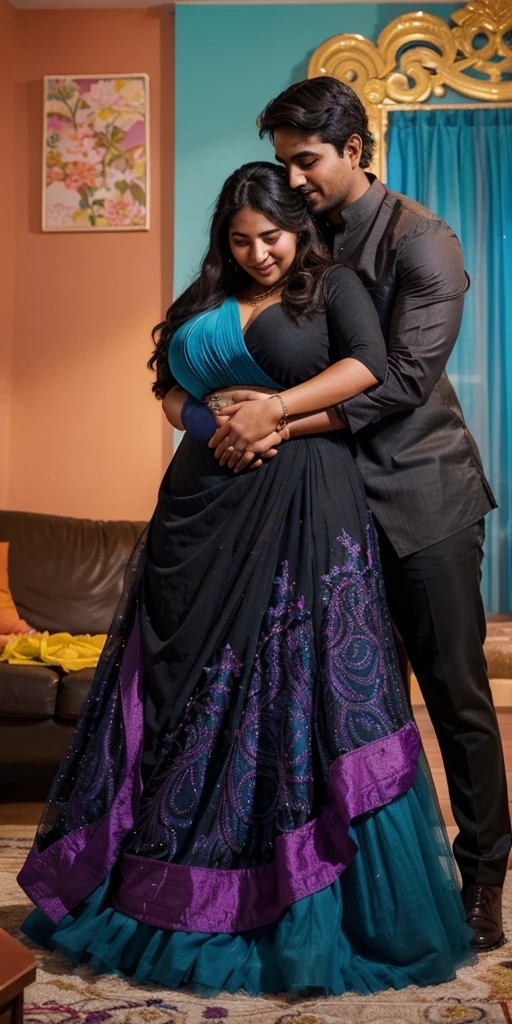 A radiant, full-figured South Indian 25 year old woman wearing a black gown tenderly hugging a jubilant 25-year-old man while in living room, captured in a full-body image with vibrant hues and meticulous details. Belly button visible . Full body image
