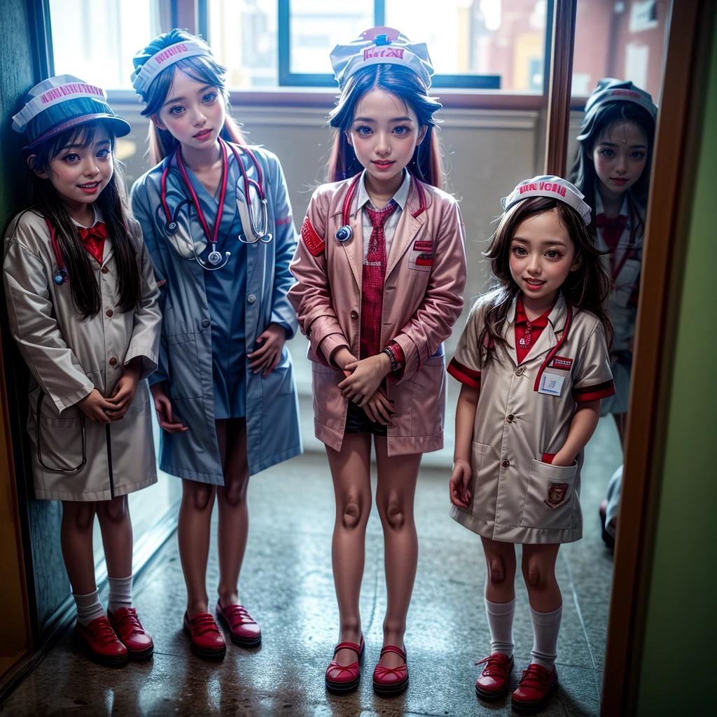 SFW,  ExtremelyDetailed (((Medical Kids group in Kidzania:1.4))), Childish perfect face, Reflective Eyes, Detailed(Delicate Clothing textures), Corrected Leg to Foot Line, Dynamic Joyful Expressions LifeLike Rendering, ((Specular Reflection:1.28)), TopQuality 8K Ultra-detailed masterpiece (ProfessionalPhoto:1.37)(Acutance:0.8),(Luminism),(Exposed:0.28)