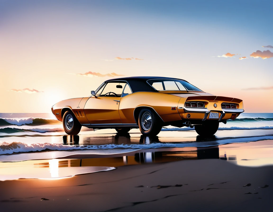 A sun-kissed day on Malibu Beach, Jim Rockford's home and office a vintage trailer parked on the sandy shore. A gold Pontiac Firebird gleams in the parking lot as James Garner's iconic detective steps out, sporting a ruggedly handsome look. The camera pans across his weathered face, capturing every wrinkle and crease. In the background, the Pacific Ocean stretches out to the horizon, its waves gently lapping at the shore. A shallow depth of field creates a sense of intimacy, with the subject in sharp focus while the background blurs into abstraction. The lighting is warm and golden, evoking a sense of nostalgia and timelessness. This image is a masterpiece of cinematic storytelling, with James Garner's rugged charm and the picturesque Malibu Beach setting coming together to create an epic and gorgeous composition., masterpiece, Incredibly absurd resolution, absolute resolution, super high resolution, shallow depth of field, highly detailed, high budget, raw photography, CinemaScope, epic, gorgeous, 16k