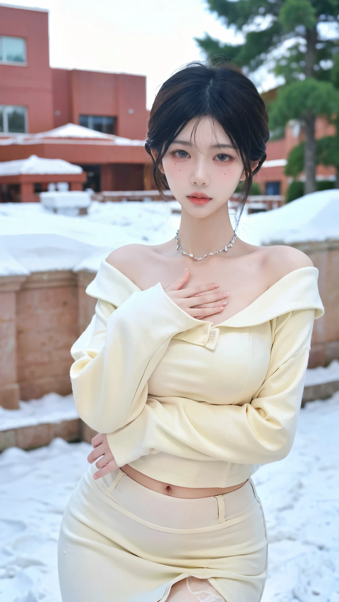 Beautiful woman with perfect figure:1.4，snow，Touching butt with both hands，snow背景，Layered Hairstyle，White skin，Prominent cleavage，Pleated Skirt，whole body，Very delicate face and skin texture，Double eyelids，Skin Whitening，Long white hair