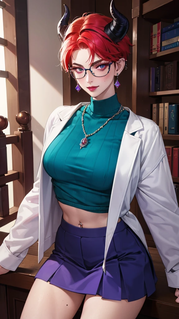 8k, masterpiece, best quality, highly detailed, 1 girl, tiefling, warlock, pixie cut, multicolored hair, very short straight hair red highlight hair on white hair, strippled hair, wearing glasses, round glasses, earrings, navel piercing, red eyeshadow, long eyelashes, blushed cheek, red lips, pearl necklace, rings, collarbone, mole on face, glamorous, teal and purple clothes, miniskirt, smirk, close up view, rings, looking at viewer, demon horns, solo, blue pale moon, standing, royal dress, devil books.