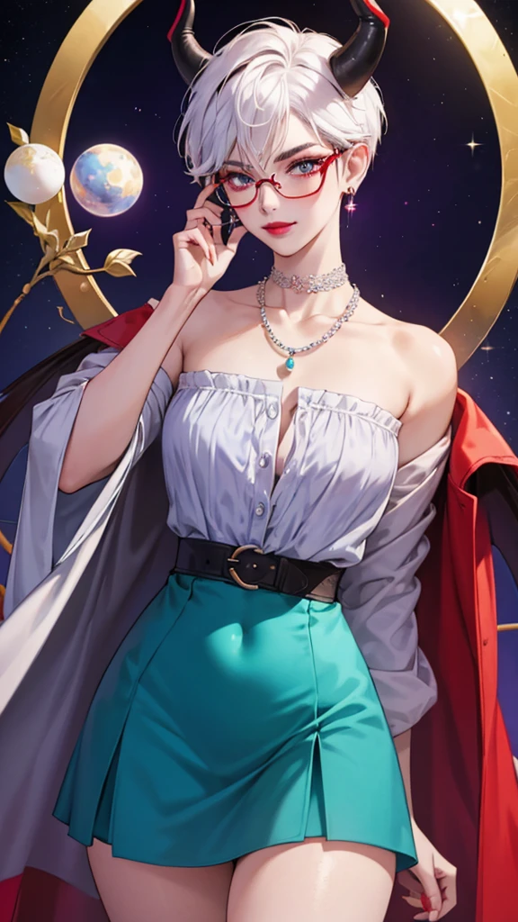 8k, masterpiece, best quality, highly detailed, 1 girl, tiefling, warlock, pixie cut, multicolored hair, very short straight hair red highlight hair on white hair, strippled hair, wearing glasses, round glasses, earrings, navel piercing, red eyeshadow, long eyelashes, blushed cheek, red lips, pearl necklace, rings, collarbone, mole on face, glamorous, teal and purple clothes, miniskirt, smirk, close up view, rings, looking at viewer, demon horns, solo, blue pale moon, standing, royal dress, devil books.
