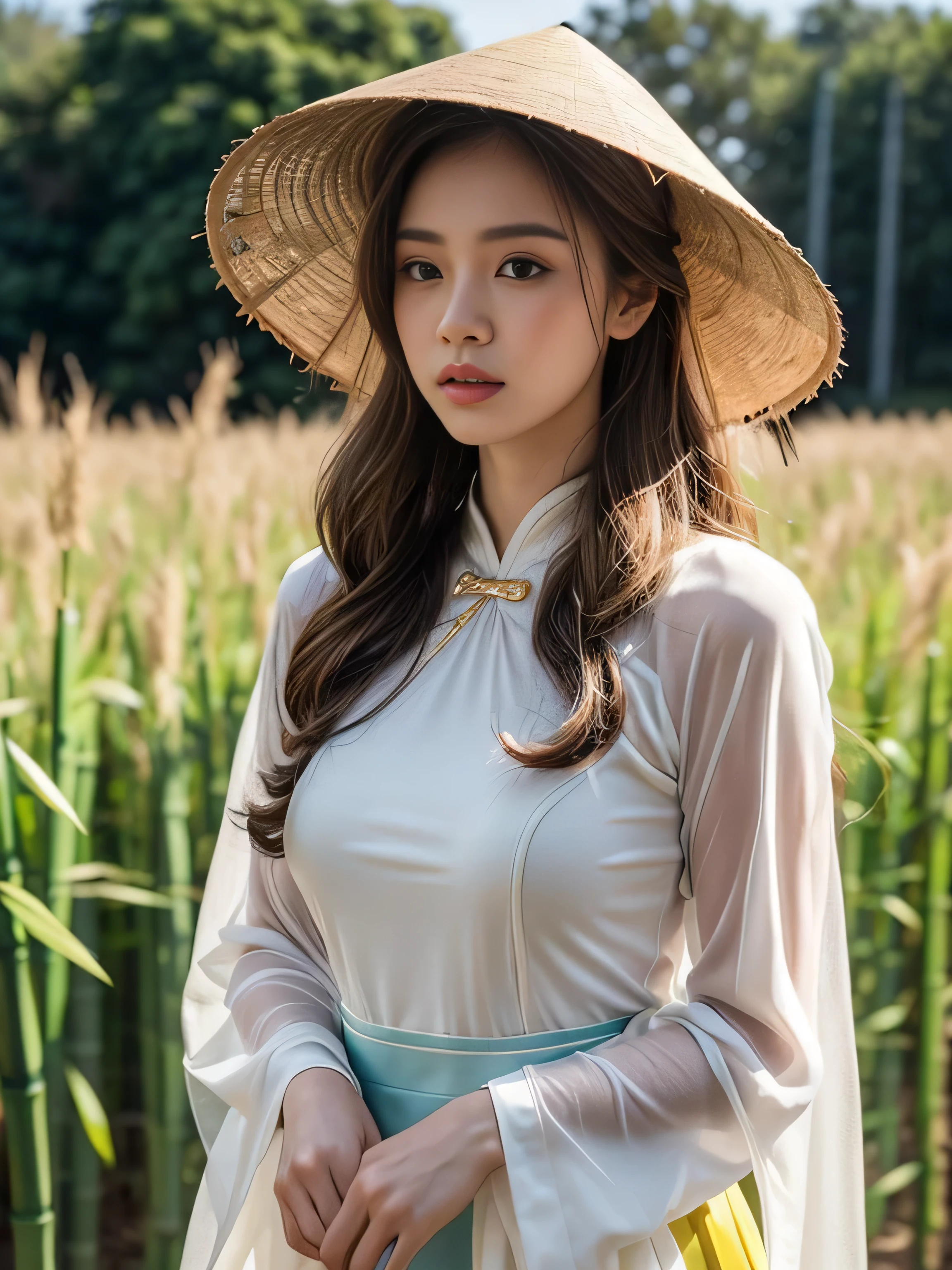 19 years old child, (wearing a yellow traditional Vietnam Ao Dai:1.3), see through with white underwear, (wearing a traditional Vietnam bamboo hat:1.3), big round breast, ((updo hairstyle, Dark blonde hair, wavy hair, long hair:1.3)), (photorealistic:1.2), (ultra realistic:1.3), (very detailed:1.1), ((masterpiece)), (Hand Details:1.3), (blush:1.3), (shy:1.3), (inside a large field of rice:1.3), depth of field, cowboy shot.