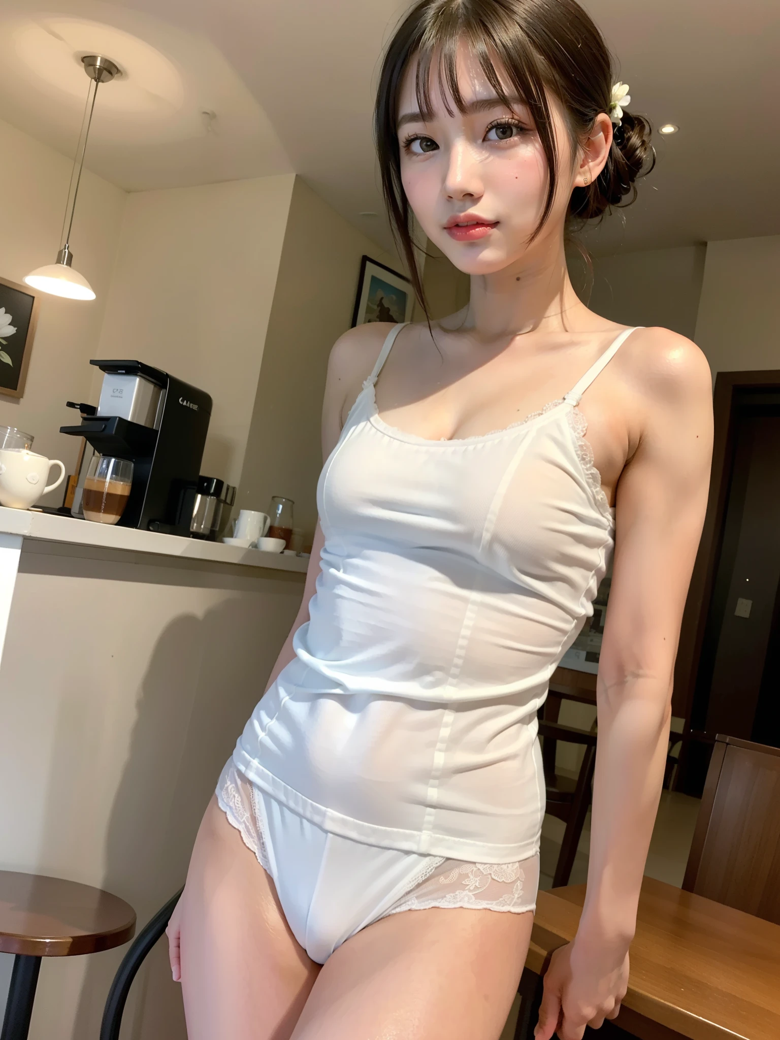 ((Best of the highest quality, 8k, Masterpiece, raw photo: 1.2)), (Sharp focus: 1.2), (1 AESPA, slim body type female, 21 y/o: 1.1), (solo: 1.28), (realistic, photo-realistic:1.37), cute face, finely eyes, (droopy eyes: 1.32), (Emphasize prominent aegyo-sal with bright: 1.2), shimmering eyeshadow applied under the lower lash line, paired with thick, (small breasts, flat chest, Thigh: 1.3), (short messy hair, bangs, updo: 1.2), (cafe stuff, silk camisole, panties: 1.32), walking terrace dinning, flower, (from below, arms behind back: 1.16)