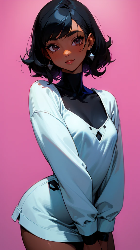 Girl with dark skin, straight black hair, chubby with a mole under her cheek, cheeky, small bust