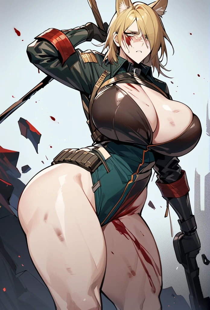 Mlynar(Arknights),yellow hair,animal ears,curvy body,wearing original clothes (half broken)big breast,big thighs, covered in blood,bruised body, bruised face, brutally injured,empty background,nsfw