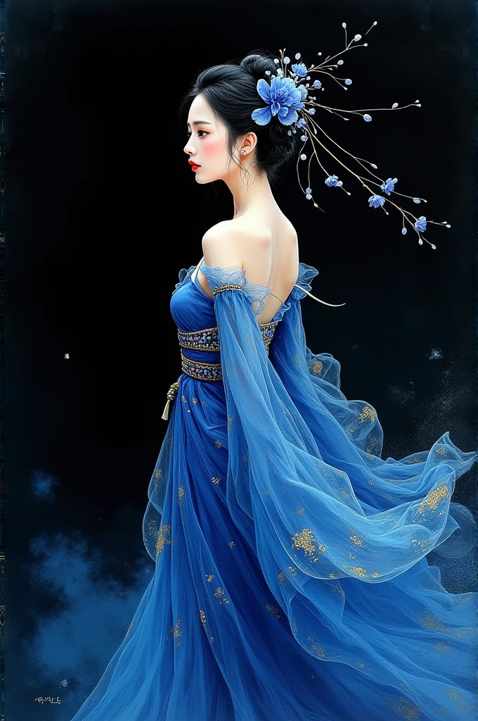 Ancient beauty with a  expression，Preoccupied，The artwork is created using gouache on paper, with bold colors and patterns that reflect the artist’s unique artistic vision. It incorporates dark blue hues, creating a captivating visual experience. This piece portrays an elegant figure against a black background, adding depth to its overall compositio，New Chinese，Color curve，Exquisite Han Dynasty gauze skirt，High-speed motion blur