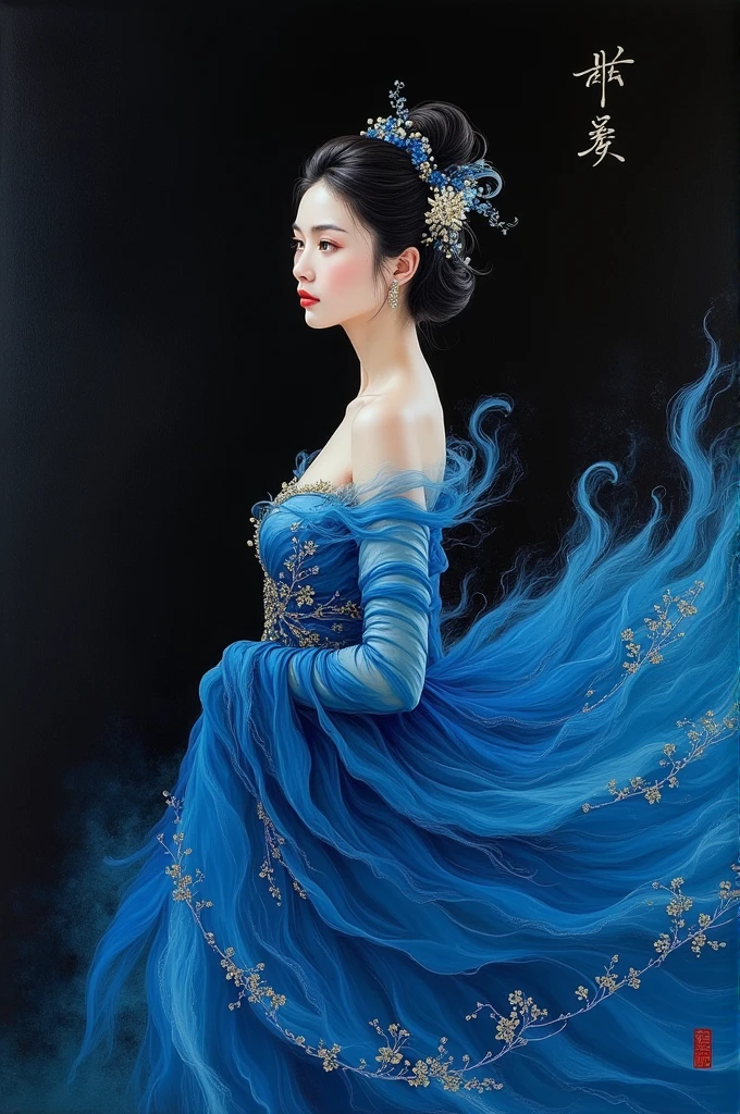 Ancient beauty with a  expression，Preoccupied，The artwork is created using gouache on paper, with bold colors and patterns that reflect the artist’s unique artistic vision. It incorporates dark blue hues, creating a captivating visual experience. This piece portrays an elegant figure against a black background, adding depth to its overall compositio，New Chinese，Color curve，Exquisite Han Dynasty gauze skirt，High-speed motion blur