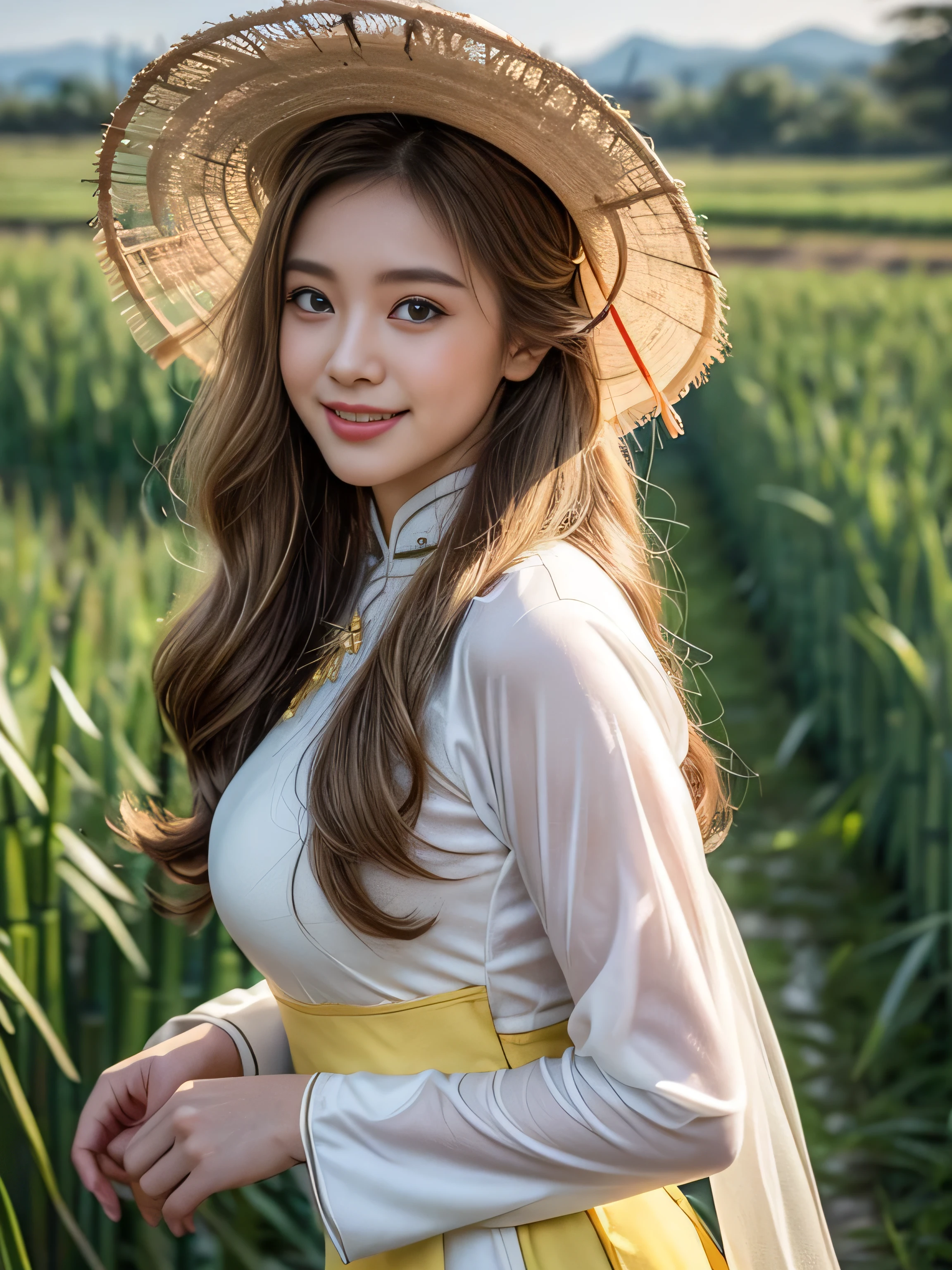 19 years old child, (wearing a yellow traditional Vietnam Ao Dai:1.3), see through with white underwear, (wearing a traditional Vietnam bamboo hat:1.3), big round breast, ((updo hairstyle, Dark blonde hair, wavy hair, long hair:1.3)), (photorealistic:1.2), (ultra realistic:1.3), (very detailed:1.1), ((masterpiece)), (Hand Details:1.3), (blush:1.3), (light smile:1.3), (inside a large field of rice:1.3), depth of field, first person view.