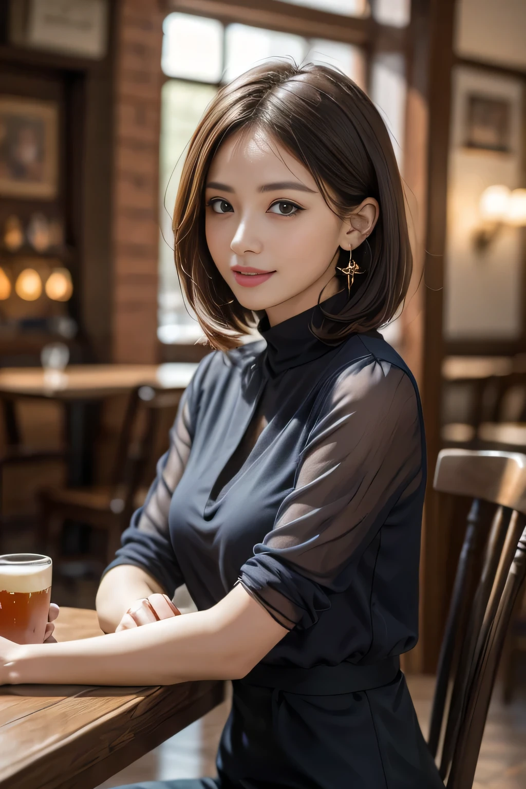 masterpiece, Highest quality, Realistic, Very detailed, Finer details, High resolution, 8k wallpaper, One beautiful woman, Wear a navy blue see-through blouse, In a great pub, At night, Light brown messy hair, Perfect dynamic composition, Beautiful and beautiful eyes、Big earrings、Sitting in a chair、