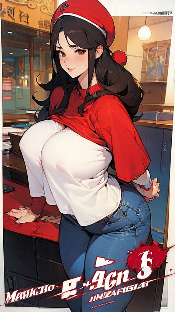 masterpiece,beauty, girl in a jacket, full length, T-shirt and jeans, red knitted hat, big breasts, big ass, Fuko Izumi, Beautiful face , anatomical body shape, Confused face, huge breasts, Long legs