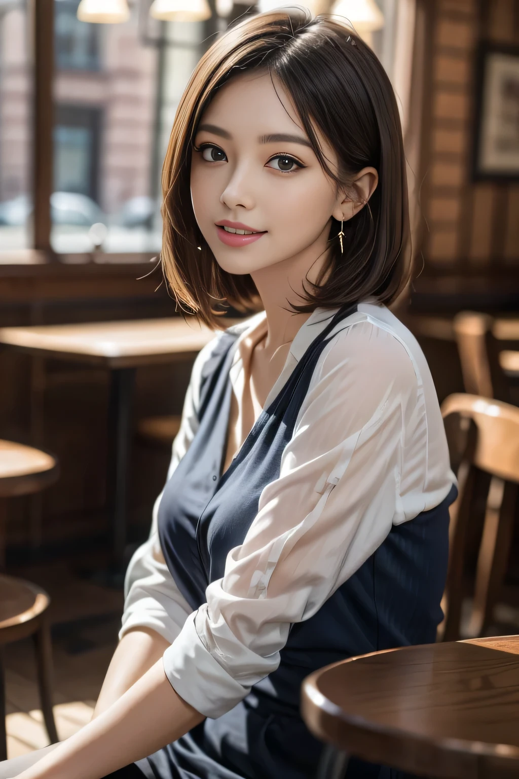 masterpiece, Highest quality, Realistic, Very detailed, Finer details, High resolution, 8k wallpaper, One beautiful woman, Wear a navy blue see-through blouse, In a great pub, At night, Light brown messy hair, Perfect dynamic composition, Beautiful and beautiful eyes、Big earrings、Sitting in a chair、