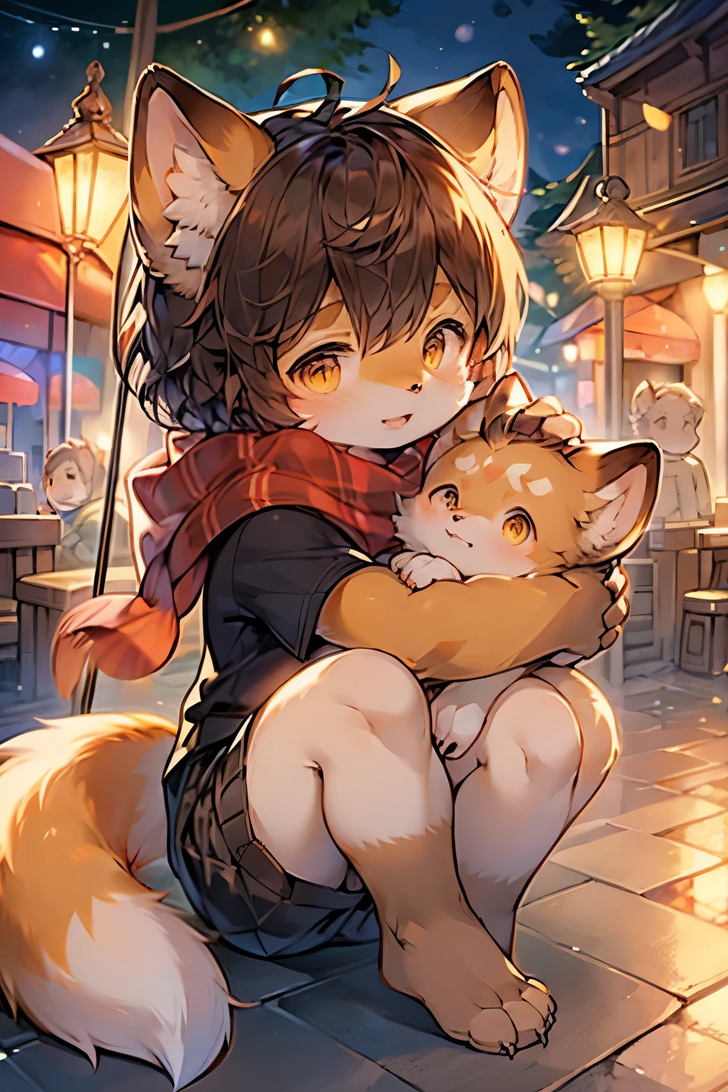 red panda girl，Facial features of red panda，Furry girls，Baby characteristics，Brown hair，Yellow skin，scarf，Short skirt，Umbrella