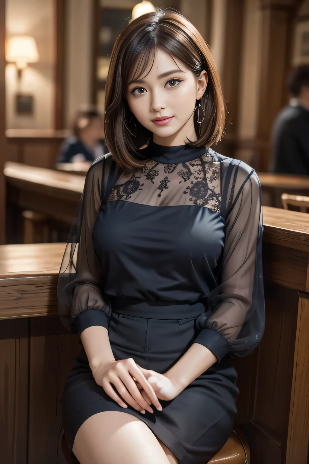 masterpiece, Highest quality, Realistic, Very detailed, Finer details, High resolution, 8k wallpaper, One beautiful woman, Wear a navy blue see-through blouse, In a great pub, At night, Light brown messy hair, Perfect dynamic composition, Beautiful and beautiful eyes、Big earrings、Sitting in a chair、