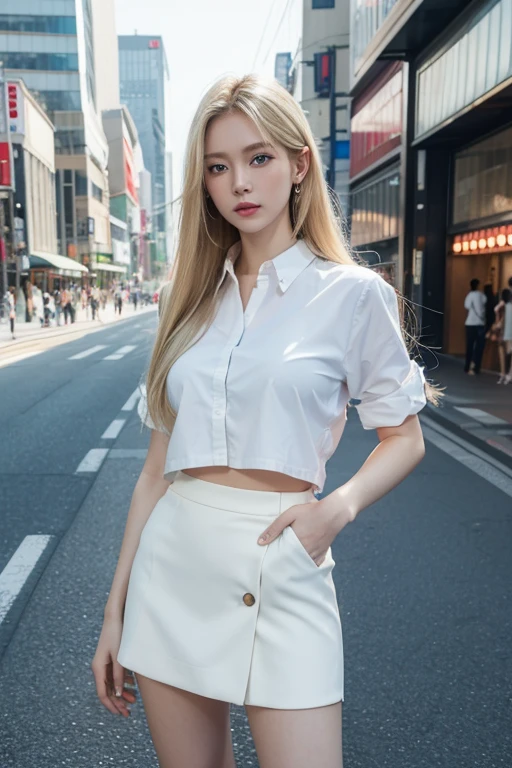 masterpiece, best quality, 8K, Photographic Reality, Practical, Octane Rendering, Bustling city streets in Japan (1 female: 1.4), (There is only one woman on the screen: 1.3), (White shirt), (Long blond hair), (Hip skirt), (blue eyes) Full body display