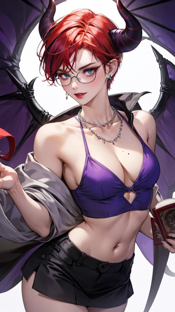 8k, masterpiece, best quality, highly detailed, 1 girl, tiefling, warlock, pixie cut, multicolored hair, very short straight hair red highlight hair on white hair, strippled hair, wearing glasses, round glasses, earrings, navel piercing, red eyeshadow, long eyelashes, blushed cheek, red lips, pearl necklace, rings, collarbone, mole on face, glamorous, teal and purple clothes, miniskirt, smirk, close up view, rings, looking at viewer, demon horns, solo, blue pale moon, standing, royal dress, devil books.